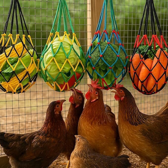 4PCS Chicken Vegetable Hanging Feeder Treat Holder, Chicken Treat Holder, Hanging Chickens Feeder Bags, Food Net Poultry Feeding Toy, Chickens Coop Accessories (4 Bags)