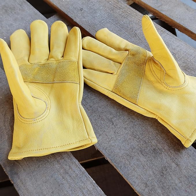 3 Pairs Leather Work Gloves For Men Cowhide Working Gloves Abrasion Resistant Driver Gloves
