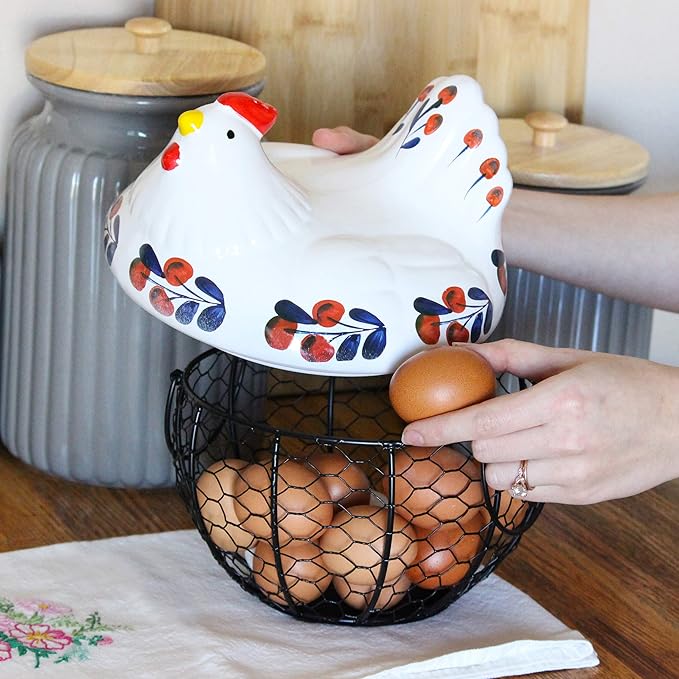 Rural365 Chicken Egg Basket in Navy and Red Design Ceramic Chicken Shaped Lid with Round Wire Basket Base and Handles