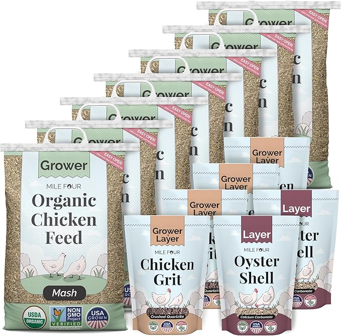 Mile Four Organic Grower Chicken Feed Kit | Feeds 10 Grower (8-20 Weeks) Chickens 12 Weeks | Feed (161 lb), Grit (20 lb), Oyster Shell (8 lb) | Mash