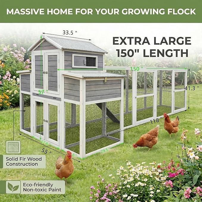 Predator-Proof Large Chicken Coop with Run for 6-10 Chickens | 150" Extra Large Wooden Hen House & Walk in Chicken Coop | Outdoor Duck Coop, Poultry Cage & Nesting Boxes | Jaulas para Gallinas