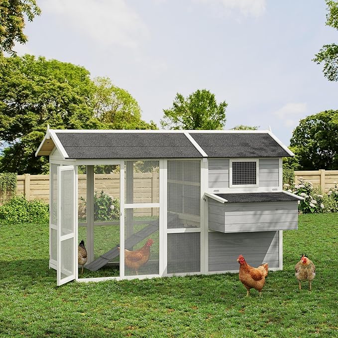 GAOMON Large Outdoor Chicken Coop for 4-6 Chickens Wooden Hen House Poultry Pet Hutch Run Cage w/Waterproof Asphalt Roof, Ramp, Nesting Box, Wire Fence, Grey (80" x 35" x 54") (Grey)