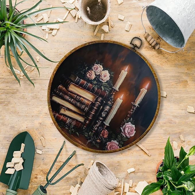 Hiuwevt Book Round Wall Art Decor, Vintage Dark Moody Academia Floral Book Framed Canvas Prints, Antique Bookish Round Wall Hanging Decor for Bedroom Home Decorations, 10x10 Inches