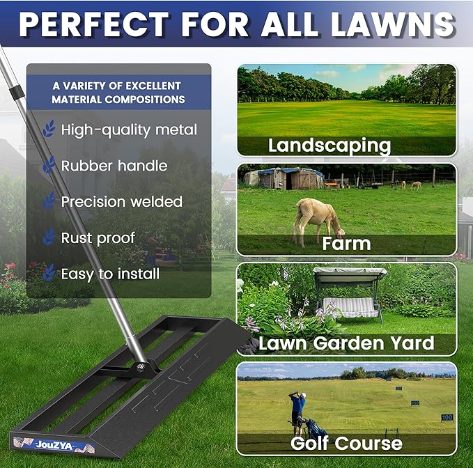 Lawn Leveling Rake 30x10 inch, Leve Lawn Tool with Stainless Steel, Lawn Leveler 27-80" Adjustable Handle, Yard Leveling Rake Heavy-Duty for Garden, Golf Course, and Farm