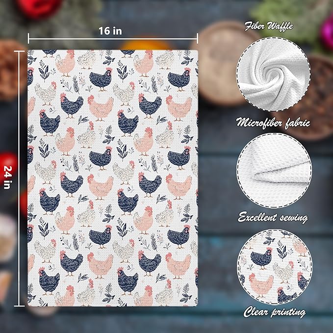 Chicken Floral Farmhouse Kitchen Dish Towels for Bathroom Decor, Chicken Gifts for Women Mom Lady, 16x24 Inch
