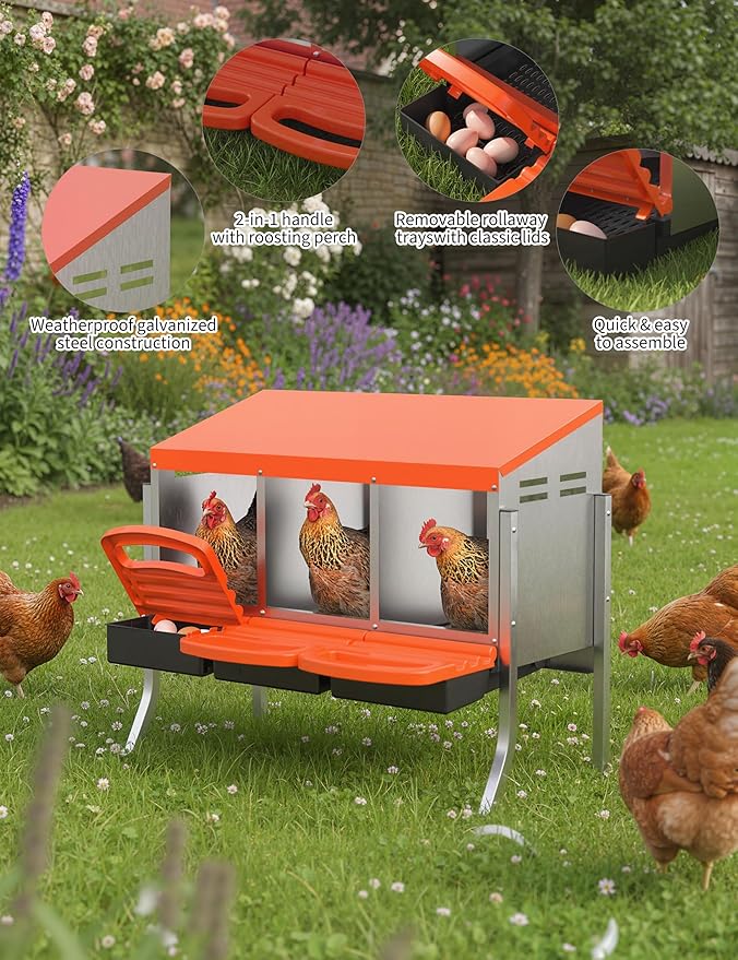 Metal Chicken Nesting Box with Easy-Collect Tray & Lid – 3/4/2x2 Compartment Heavy Duty Roll Away Nesting Boxes for Chickens, Wall Mount or Freestanding, Galvanized Steel Hen Laying Box for Coop