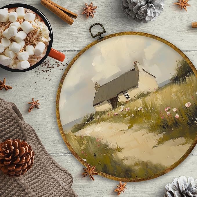 CUANFDDSF Rustic Farmhouse Round Wall Art, Vintage Countryside Framed Hanging Wall Decor, Cottagecore Country Landscape Canvas Prints Decorations for Home Bedroom Living Room, 10x10 Inch