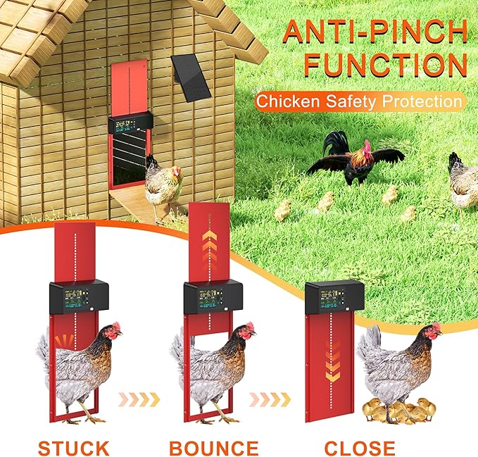 Chicken Coop Door Solar Powered with Programmable Remote Control, Automatic Aluminum Chicken Door 4 Modes with Color LCD Display