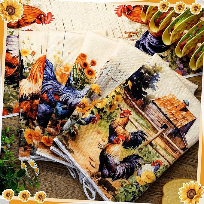 Bencailor 6 Pcs Farmhouse Kitchen Towels Chicken Rooster Kitchen Decor Farm Animal Hand Towels for Cooking Baking Housewarming Gift,15.75 x 23.62 inch(Fresh Color,Daisy Rooster)