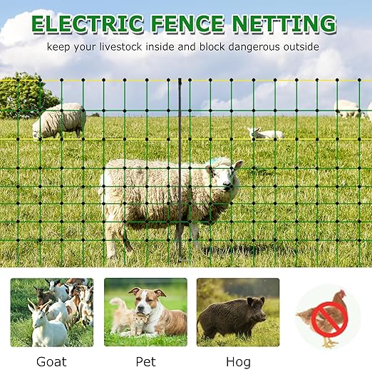 Electric Fence Netting, 42.5" H x 164' L, Portable Double Pointed Sheep Netting Fence for Hog, Dogs, Deer, Goats, Used in Backyards, Farms and Ranches