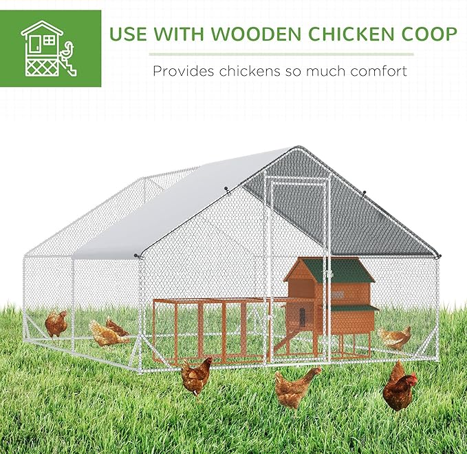 PawHut Large Chicken Coop Metal Chicken Run with Waterproof and Anti-UV Cover, Spire Shaped Walk in Fence Cage Hen House for Outdoor and Yard Farm Use, 1" Tube Diameter, 9.8' x 13.1' x 6.6'