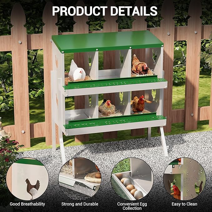 6 Hole Chicken Nesting Box, Galvanized Steel Nesting Boxes with Vented Design, Laying Nesting Boxes for Hens, Wall Mount, Green with Stand