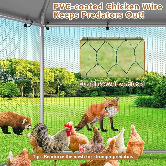 Large Metal Chicken Coop Run, 13 ft Hexagon x 8.6 ft H Chicken Runs for Yard with Cover, Outdoor Walk-in Chicken Pen for 12–20 Hens, Anti-Rust Poultry Cage with Stable Wind-Resistant Design