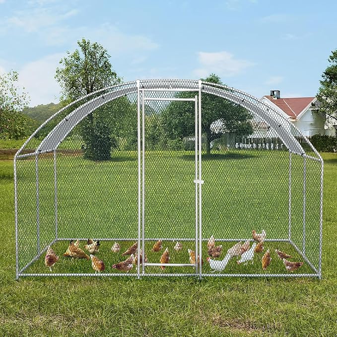 VINGLI Large Metal Chicken Coop, 9.8x9.8x6.5 ft Poultry Cage for Chicken Run, Walk-in Chicken Pen with Waterproof & Anti-UV Cover for Yard Outdoor (Silver-Dome Roof)