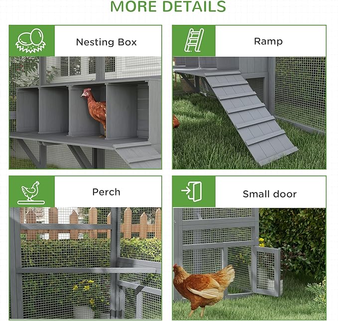 PawHut Large Chicken Run, Wooden Chicken Coop with Waterproof & Anti-UV Cover, Split Door, 4 Nesting Boxes, Roosting Bar, Walk-in Chicken Pen for 8-12 Chickens, for Backyard, Farm, 9' x 6' x 6'