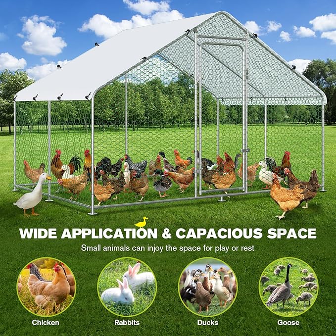 Large Metal Chicken Coop Walk-in Chicken Run with Waterproof Cover Outdoor Backyard Farm Anti-UV Spire Shaped Cage for Poultry, Ducks, and Rabbits(9.8' L x 6.5' W x 6.5' H)