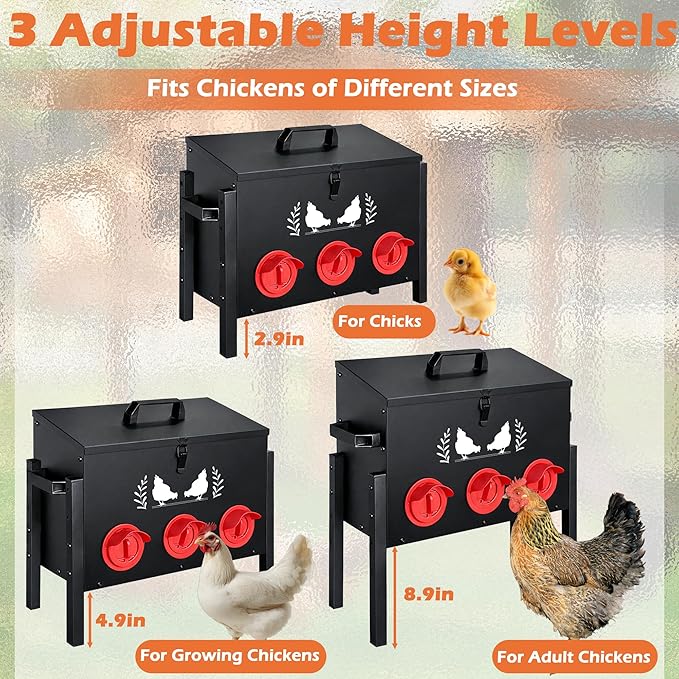 Large Capacity Automatic Chicken Feeder, 6 Port Chicken Feeder, 28LB Metal Chicken Feeders with Locking Lid & Adjustable Legs, No Waste Chicken Feeder, Black
