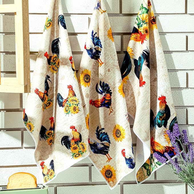Bencailor 6 Pcs Farmhouse Kitchen Towels Chicken Rooster Kitchen Decor Farm Animal Hand Towels for Cooking Baking Housewarming Gift,15.75 x 23.62 inch(Yellow,Sunflower Chicken)