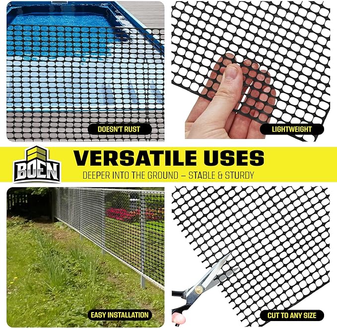 BOEN 4' x 100' Black Temporary Fencing, Mesh Snow Fence, Plastic, Safety Garden Netting, Above Ground Barrier, for Deer, Kids, Swimming Pool, Silt, Lawn, Rabbits, Poultry, Dogs