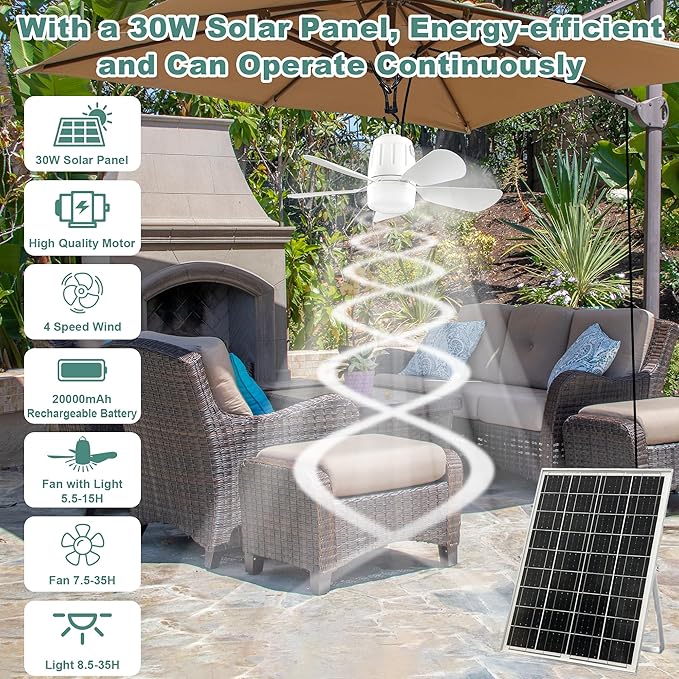 Solar Ceiling Fan Light, 20000mAh Portable Gazebo fan with 30W Solar Powered Fan with Remote Control, Outdoor Ceiling Fan with Light for Patios, Canopy, Shed, RV, Porch and Chicken Coop
