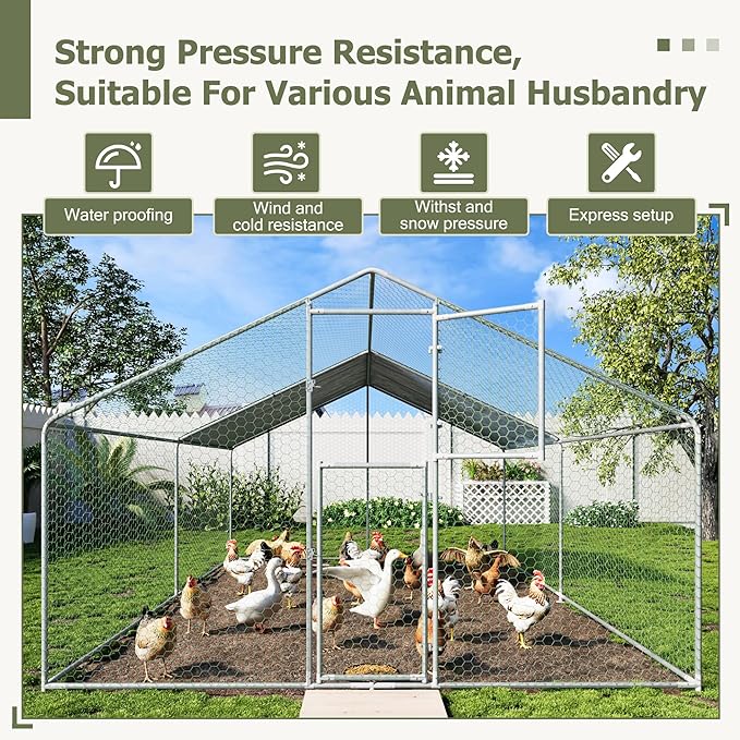 Large Metal Chicken Coop,19.7x9.8x6.4 FT Chicken Run for Yard with Waterproof & Anti-UV Cover,Walk in Chicken Pen with Feeding Door (13.1 * 9.8 * 6.4 ft)