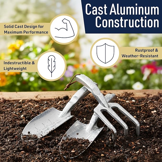Hand Gardening Tools 3 Pack with Cultivator Hand Rake, Transplanting Shovel, and Garden Trowel for Planting - Heavy Duty Cast Aluminum Garden Tool Set with Ergonomic Handles by Kings County Tools