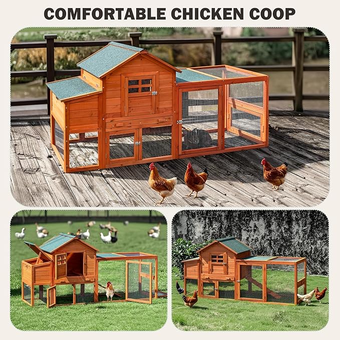 Large Wooden Chicken Coop for 4-6 Chickens, Secure Outdoor Hen House with Enclosed Run, Weather-Resistant Roof, Easy-Clean Slide-Out Tray & Nesting Boxes (Includes 2 Training Eggs)