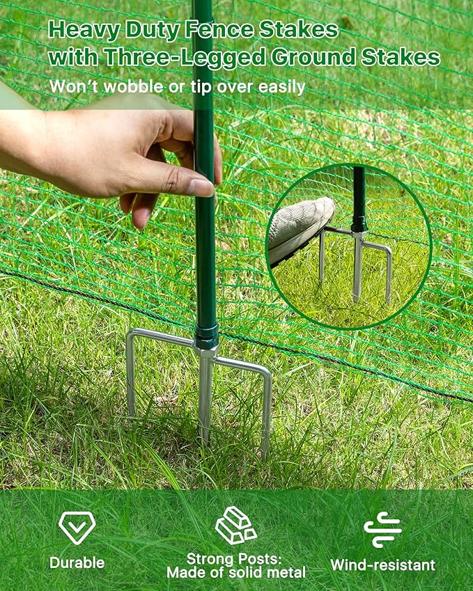 Temporary Fence with Metal Posts, 40" Hx50'L Garden Fence Animal Barrier with Ground Spikes, Plastic Fencing for Outdoor Dogs, Chicken, for Backyard, Patio, Garden
