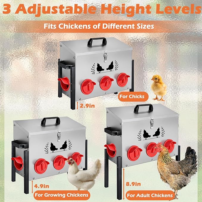 Large Capacity Automatic Chicken Feeder, 8 Port Chicken Feeder, 48LB Metal Chicken Feeders with Locking Lid & Adjustable Legs, No Waste Chicken Feeder, Silver