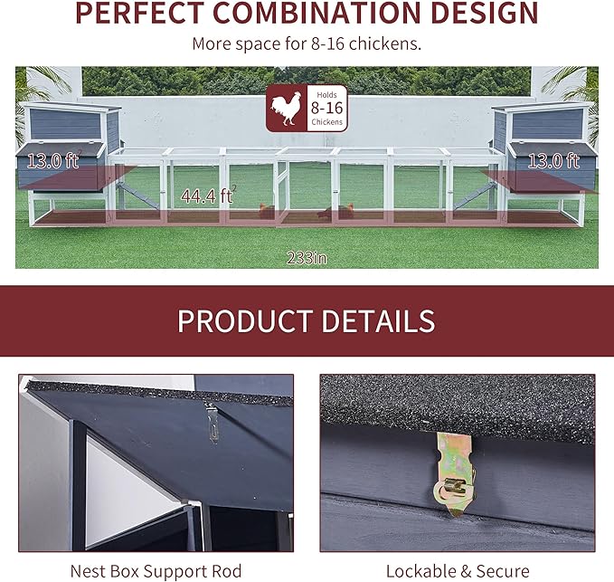 117'' Large Chicken Coop for 4-8 Chickens, Wooden Hen House with Run & 4 Nesting Boxes, Outdoor Poultry Cage Rabbit Cage Duck House with Ramps & Tray, 116.5''L*59''W*46.6''H