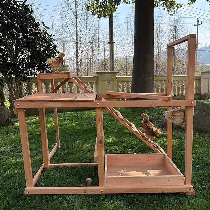 Chicken Activity Play Perches for Poultry Run, Swing Stand, Wood Chicken Toy for 3-4 Birds, Wooden Chicken Coops Accessory with Multiple Perches & Ladder & Feeder (34.5" L x 27.5" W x 31.5" H)