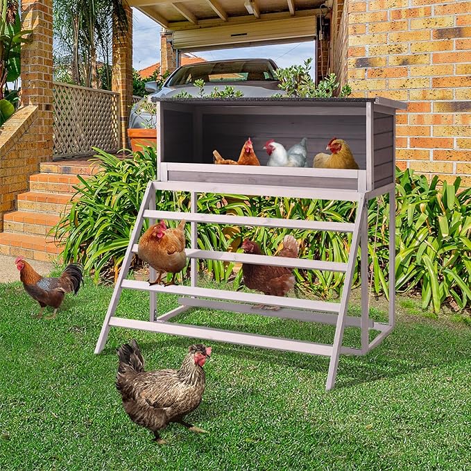 BIRASIL Chicken Nesting Box, Chicken Coop Accessories with Asphalt Roofing, Chicken Laying Boxes with Stairs, Nesting Egg Boxes with Leisure Swing for Hens or Chickens