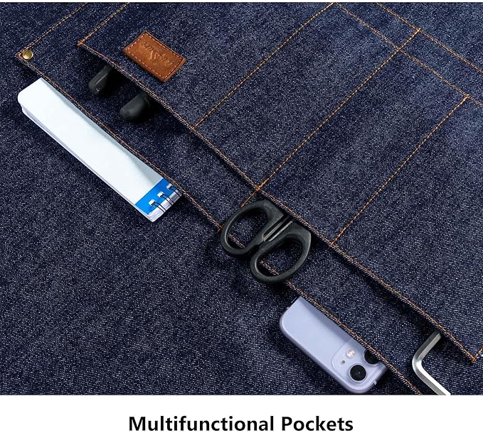 Denim Apron with Pockets Tall Bib Apron Large with Long Ties Adjustable - Gifts for Men Women
