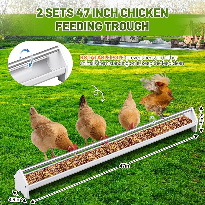 2 Sets 47 Inch Chicken Feeder Trough, Heavy Duty Plastic Stainless Steel Round Bottom Pigeon Feeder Trough Rotating Round Tub for a Variety of Poultry for Chickens, Ducks, Geese, Goats