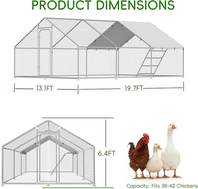 Large Metal Chicken Coop Run with Roosting Perch, Outdoor Waterproof & UV-Resistant Cover for Chickens, Ducks, Rabbits, and Hens in Yard or Farm Use Spire Roof (13.1'Wx19.7'Lx 6.5'H)