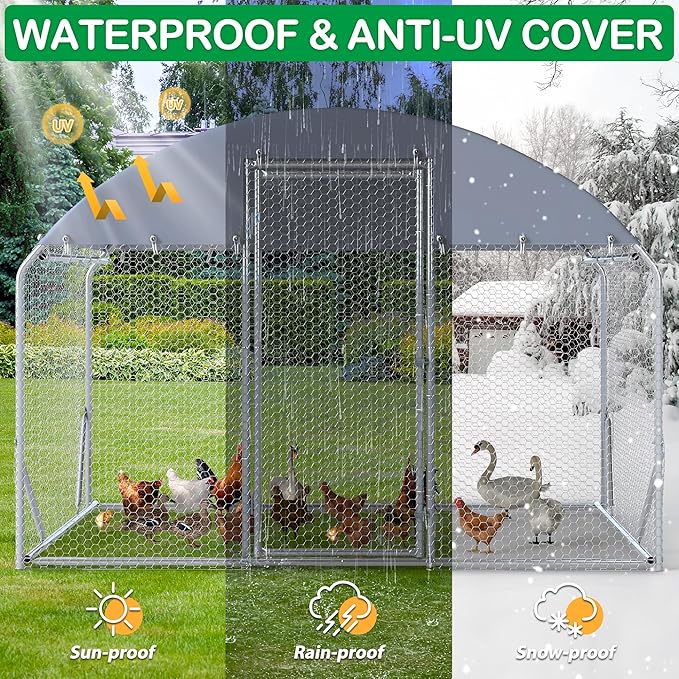 Large Metal Chicken Coop, Walk-in Chicken Run Pen with Waterproof Cover, Dome Roof Poultry Cage for Outdoor, Backyard, Farm