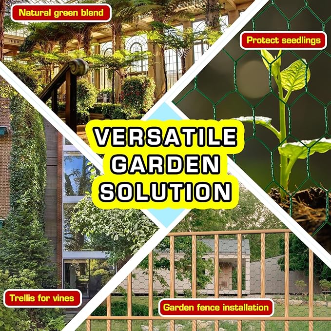 Chicken Wire12inx150ft, Premium Chicken Wire Fencing, Chicken Wire Mesh, Green PVC Coated Metal Wire Fence, Galvanized Poultry Netting Barrier for Floral Arrangements/Craft Projects//Rabbit