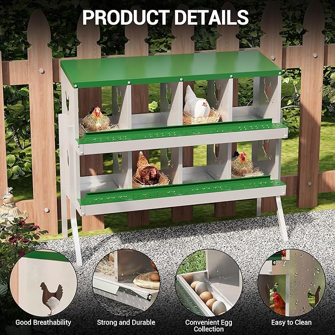8 Hole Chicken Nesting Box, Galvanized Steel Nesting Boxes with Vented Design, Laying Nesting Boxes for Hens, Wall Mount, Green with Stand