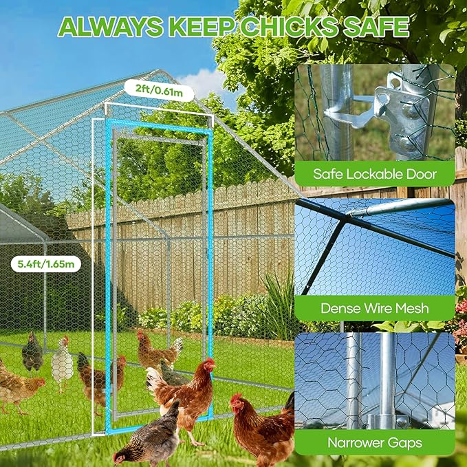 Large Metal Chicken Coop,10x13 FT Walk in Chicken Runs with Cover for 20 Chickens,Hen House Enclosure with Security Lock, Outdoor Duck Rabbit Cage Poultry Pens for Backyard,Farm,Yard