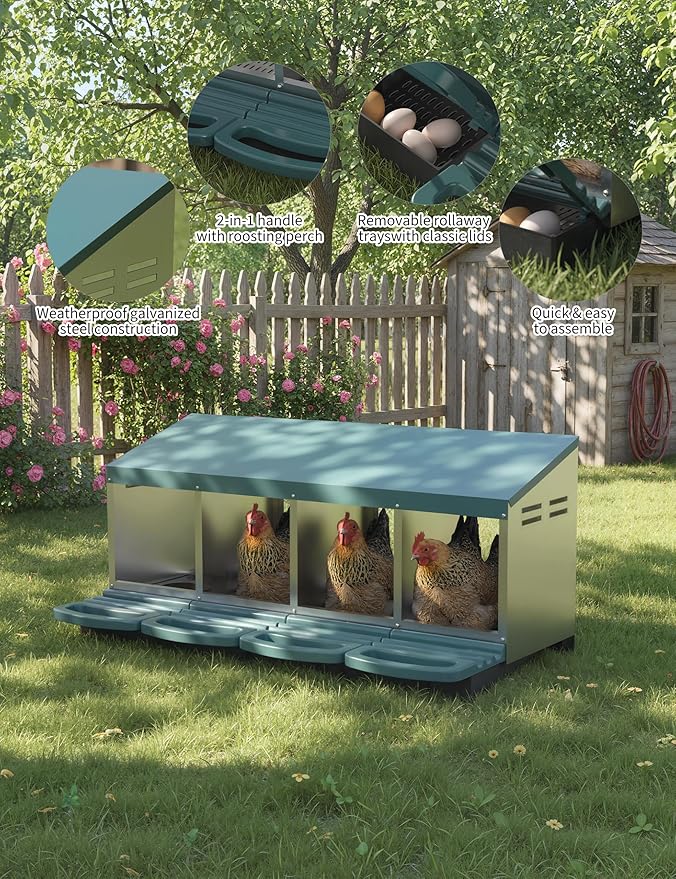 Chicken Nesting Boxes with Cleanable Pull-Out Trays - 4 Hole Metal Rollaway Nest Box for Laying Hens, Wall Mount or Placed Design for Easy Egg Collection & Cleaning