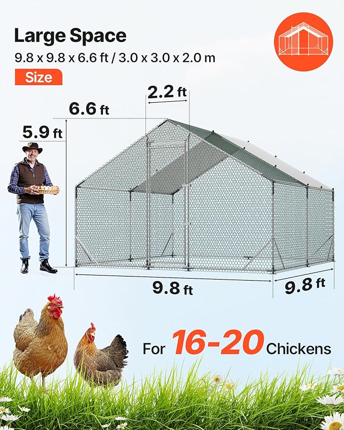 VEVOR Large Metal Chicken Coop,9.8 x 9.8 x 6.6 ft, Walk-in Chicken Run House with Waterproof Cover & Sturdy Frame, Spire Roof Poultry Cage Duck Pen for Rabbit Hen Goose Outdoor Backyard Farm Use