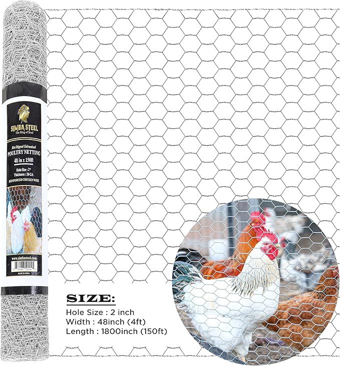 Chicken Wire 48 in x 150 FT x 2” Mesh x 20GA | Poultry Wire Netting | Hot Dipped Galvanised | Hexagonal Galvanized Mesh for Chicken Coop, Rabbit Cage, Fence Barrier PM48x150x2