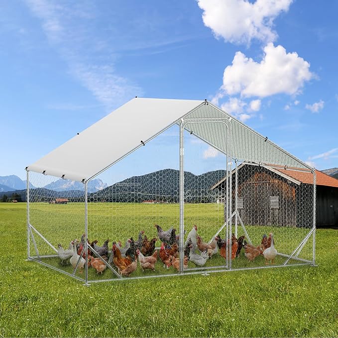 Garvee Large Chicken Coop, Metal Chicken Coop with Anti-Ultraviolet Waterproof Cover, Spire Roof Walk in Poultry Cage, for Backyard and Farm Use, 9.8 ft x 6.5 ft x 6.5 ft