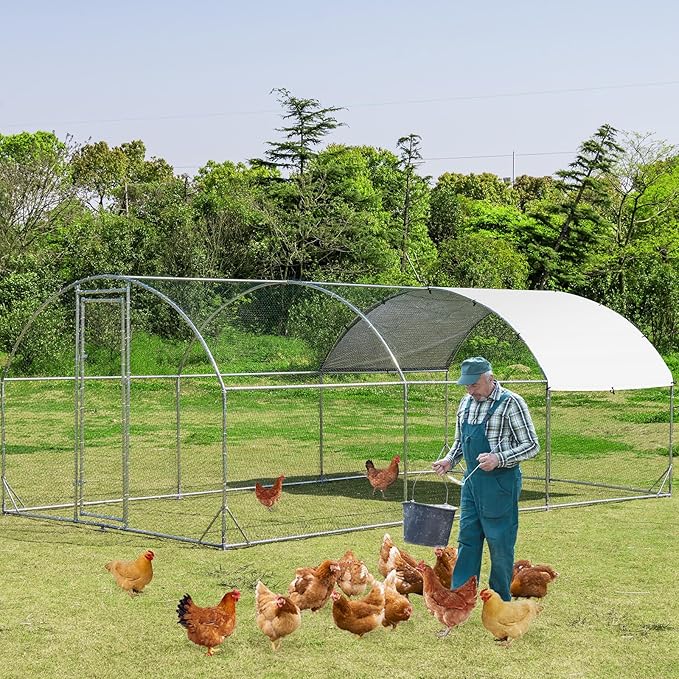 Giantex 19ft Metal Chicken Coop, Galvanized Walk-in Chicken Run with Waterproof PE Cover, Dome Shaped Poultry Cage Hen Run House Rabbits Habitat Cage for Backyard Farm Outdoor (19 x 9.2 ft, Dome)