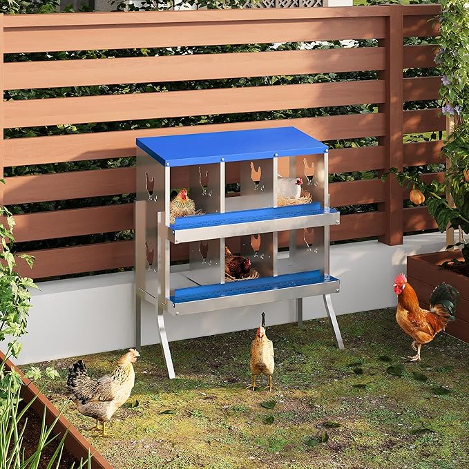 Chicken Nesting Box,6 Compartments Galvanized Steel Metal Chicken Laying Box with Roll Out Egg Collection,Wall Mount Chicken Nesting Boxes,Easy Egg Collection, Hen Roosting Boxes