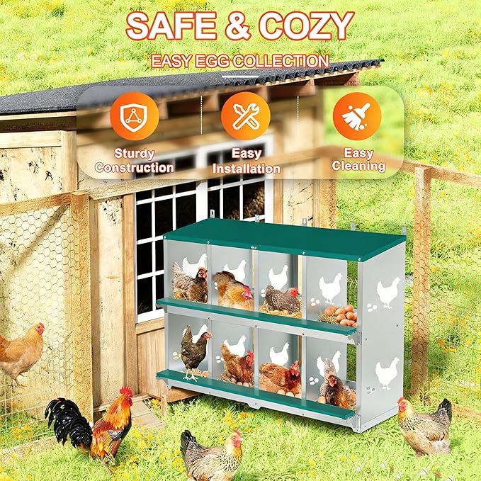 Chicken Nesting Box 8 Compartment with 10 Pet Moisture Pads and 4 Fake Eggs Roll Away Egg Collection, Perch, Lid Cover for Egg Protection - Wall Mount Nest Box for Chickens, Hens, Ducks