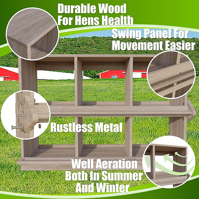 Nesting Box, 6 Compartments Wood Nest Box for Chicken with Swing Perch, Chicken Egg Laying Boxes for Hens, Ducks, Chickens