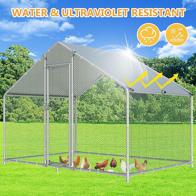 HITTITE Large Metal Chicken Coop with Run, 9.84 x 6.4 x 6.56 ft Walk in Poultry Cage Chicken Run Pen, Outdoor Chicken Runs for Yard with Waterproof & Anti-UV Cover