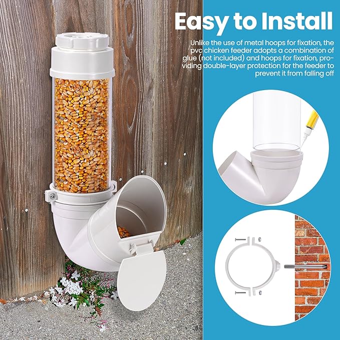 Automatic Chicken Feeder No Waste 6 Pounds Duty PVC Gravity Poultry Chicken Coop Feeder, Wall Mounted Visible Gravity Fed Poultry Feeder Tube with Rain Cover for Ducks Turkeys Geese Quails