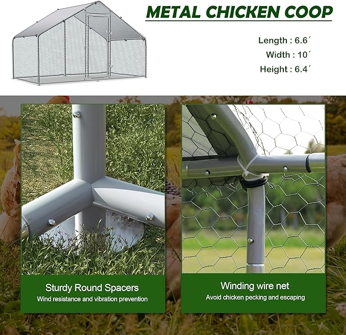 Betterhood Large Metal Chicken Coop Upgrade Tri-Supporting Wire Mesh Chicken Run,Chicken Pen with Water-Resident and Anti-UV Cover,Duck Rabbit House Outdoor(10’ W x 6.6’ L x 6.5’ H)